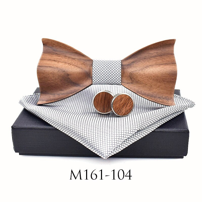 New design 3D Wooden tie Pocekt Square Cufflinks Fashion wood bow tie wedding dinne Handmade corbata Wooden Ties Gravata set