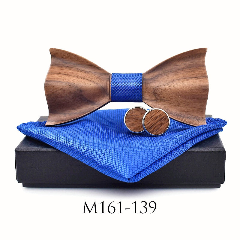 New design 3D Wooden tie Pocekt Square Cufflinks Fashion wood bow tie wedding dinne Handmade corbata Wooden Ties Gravata set