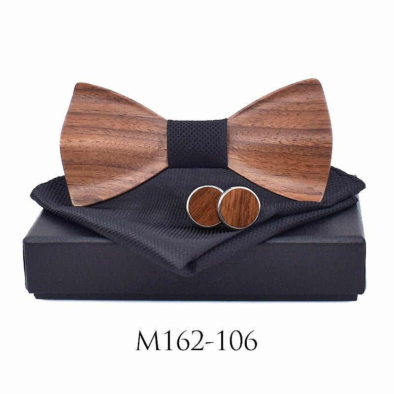 New design 3D Wooden tie Pocekt Square Cufflinks Fashion wood bow tie wedding dinne Handmade corbata Wooden Ties Gravata set