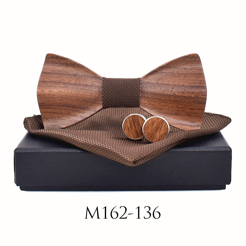 New design 3D Wooden tie Pocekt Square Cufflinks Fashion wood bow tie wedding dinne Handmade corbata Wooden Ties Gravata set