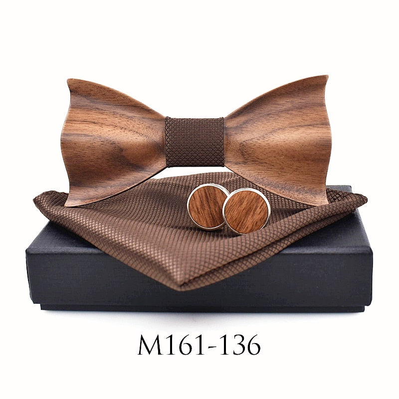 New design 3D Wooden tie Pocekt Square Cufflinks Fashion wood bow tie wedding dinne Handmade corbata Wooden Ties Gravata set