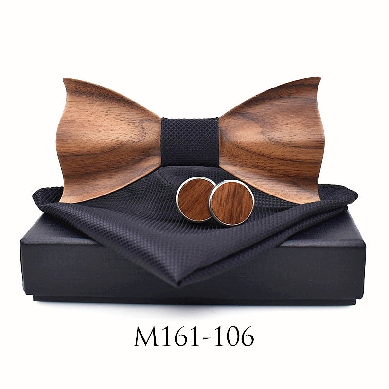 New design 3D Wooden tie Pocekt Square Cufflinks Fashion wood bow tie wedding dinne Handmade corbata Wooden Ties Gravata set