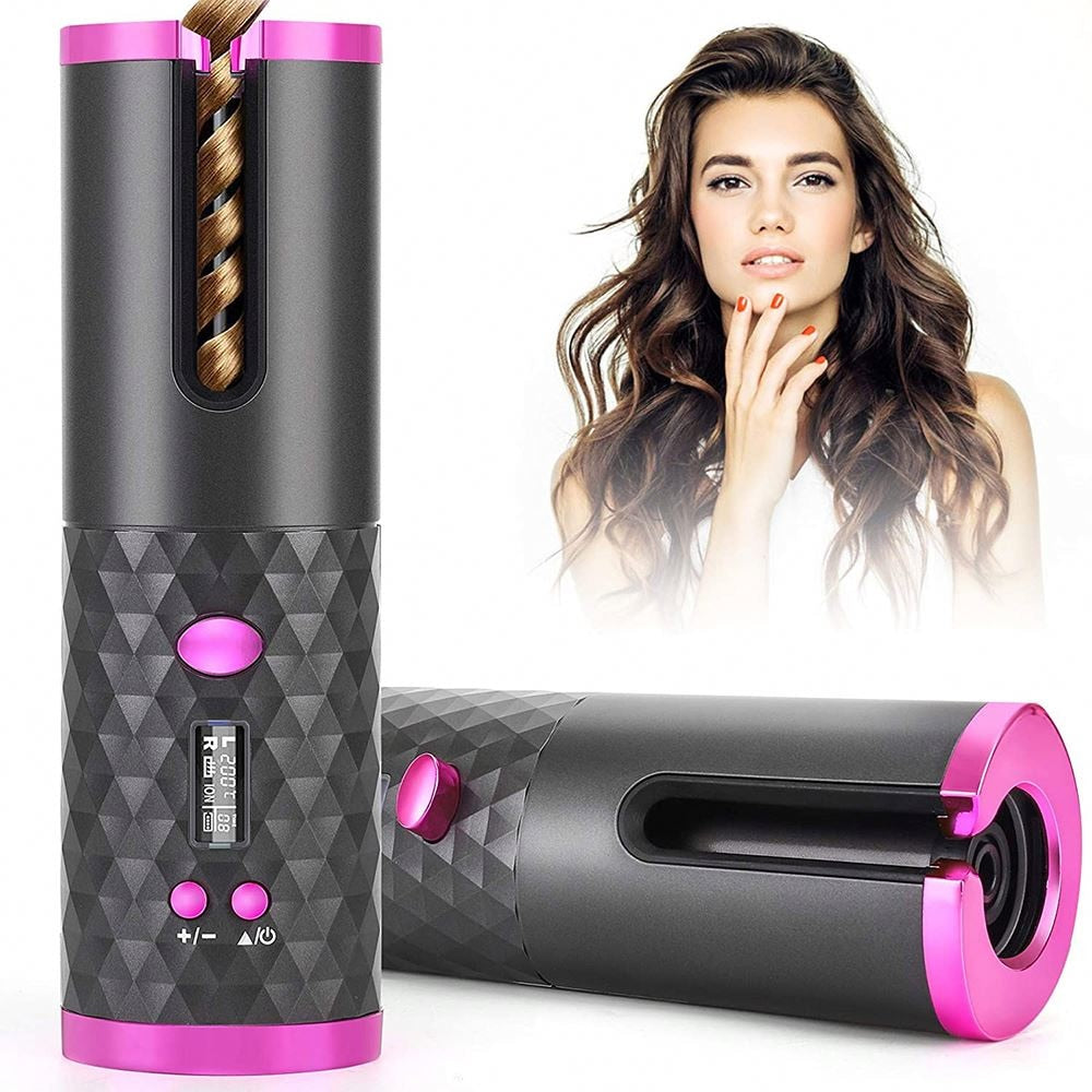 Rechargeable Automatic Curling Iron Cordless Auto Hair Curler Ceramic Ionic Hair Curling LCD Display Spin Curling Iron Hair Tool