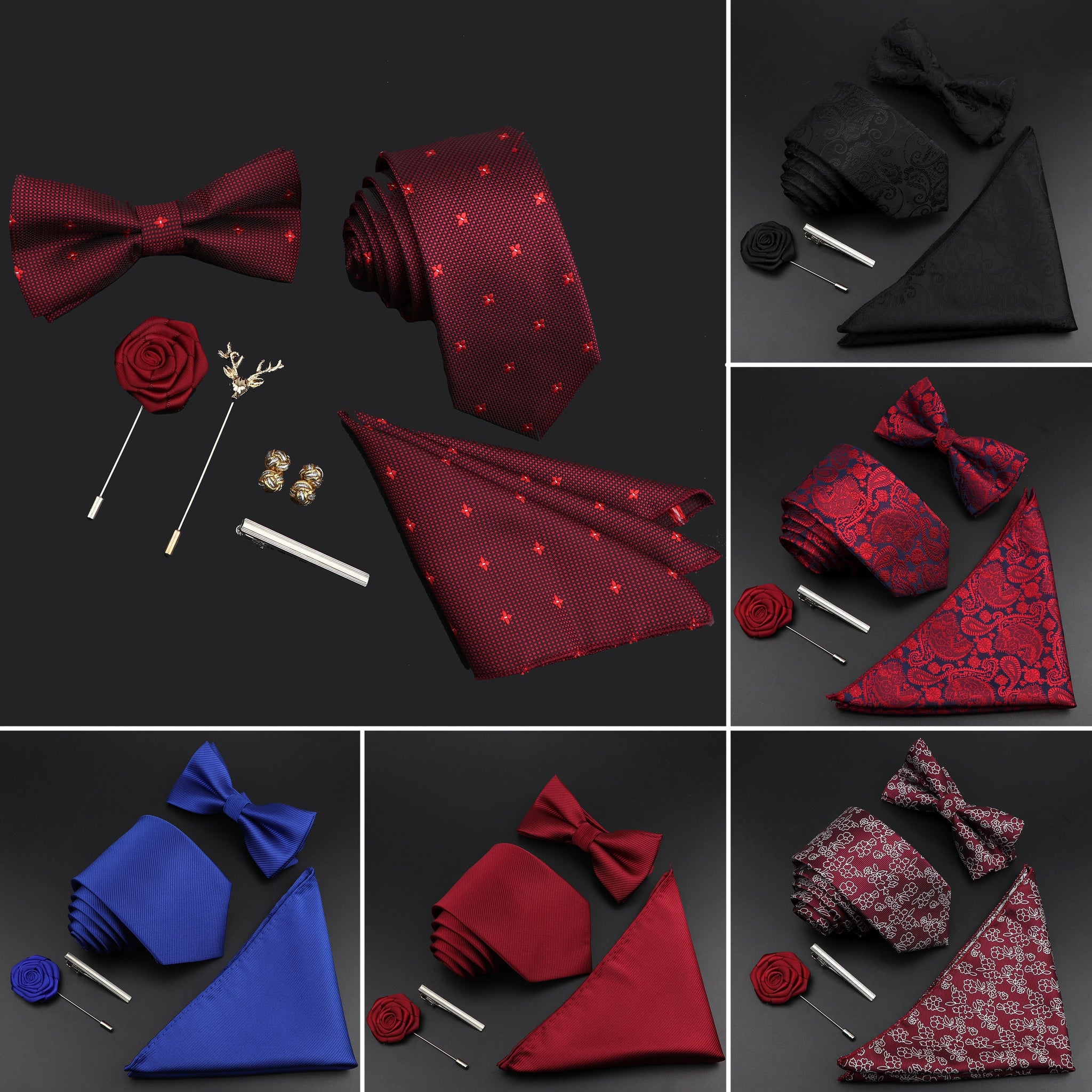 New Solid Color Silk Men Tie Set Polyester Jacquard Woven Necktie Bowtie Suit Vintage Red Blue For Groom Business Wedding Party