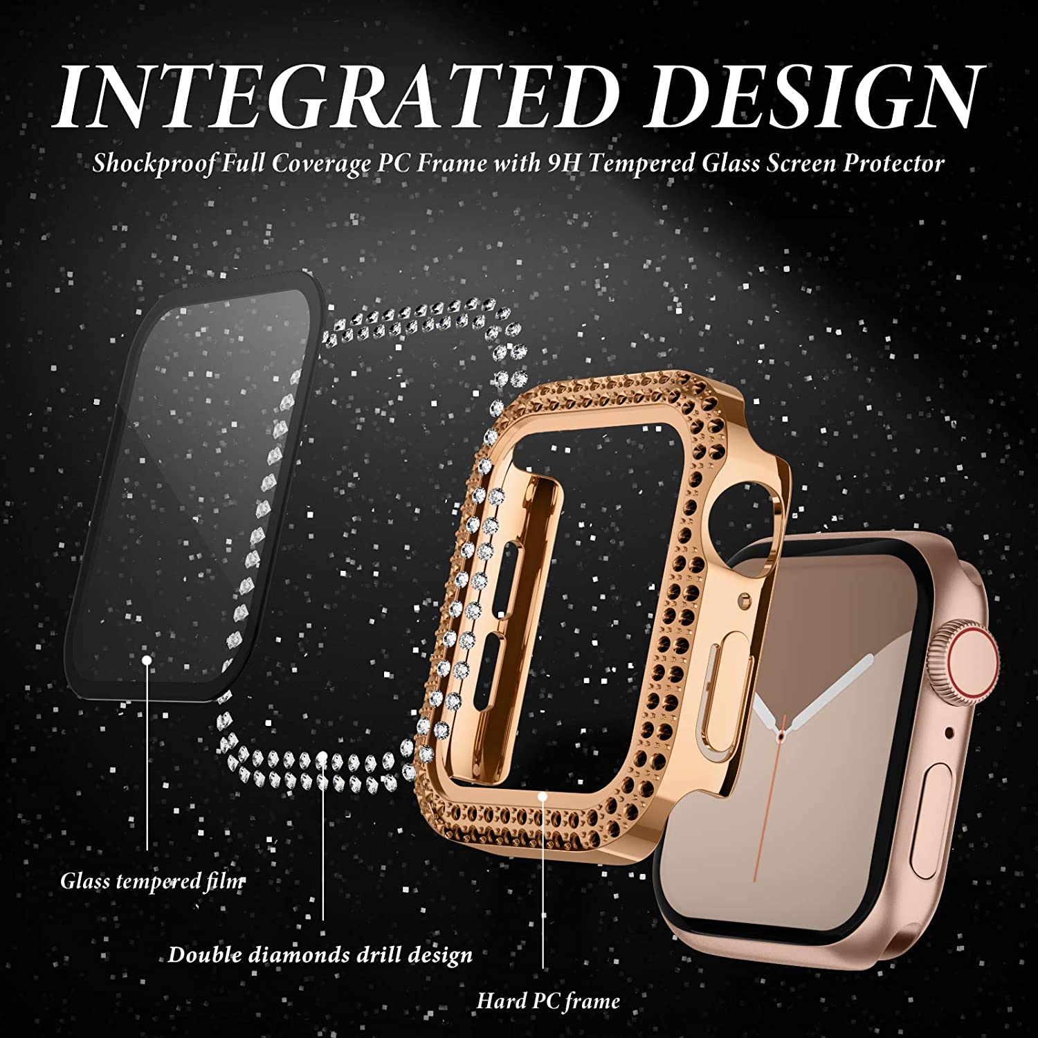 Diamond Cover For Apple watch Case 45mm 41mm 44mm 40mm 42mm 38mm Tempered Glass Bumper Screen Protector iWatch series 7 SE 6 8 5