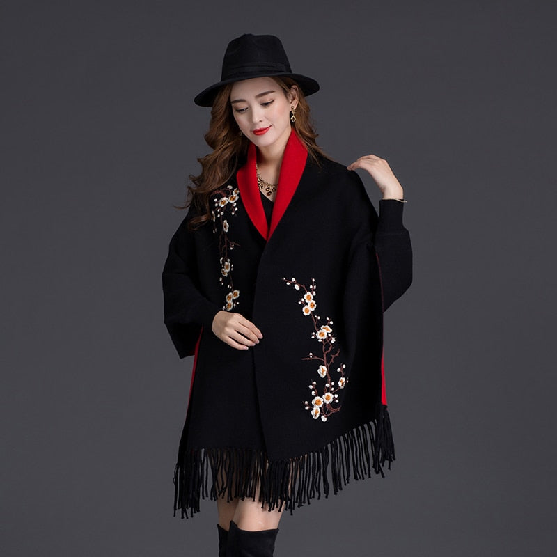 Autumn Winter Can Wear Shawl Scarf Dual-use Embroidery With Sleeves Wool Cashmere Thick Tassel Cloak Female