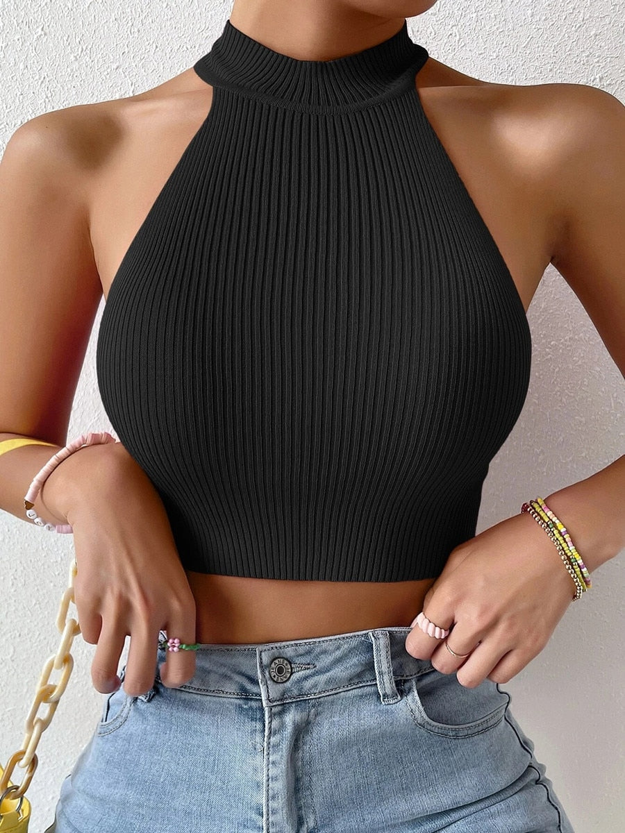 On Sale Women Basics Solid Casual Ribbed Knit Sleeveless Corset Halter Crossfit Crop Top Y2k Clothes Femme Stretch Cropped Tank