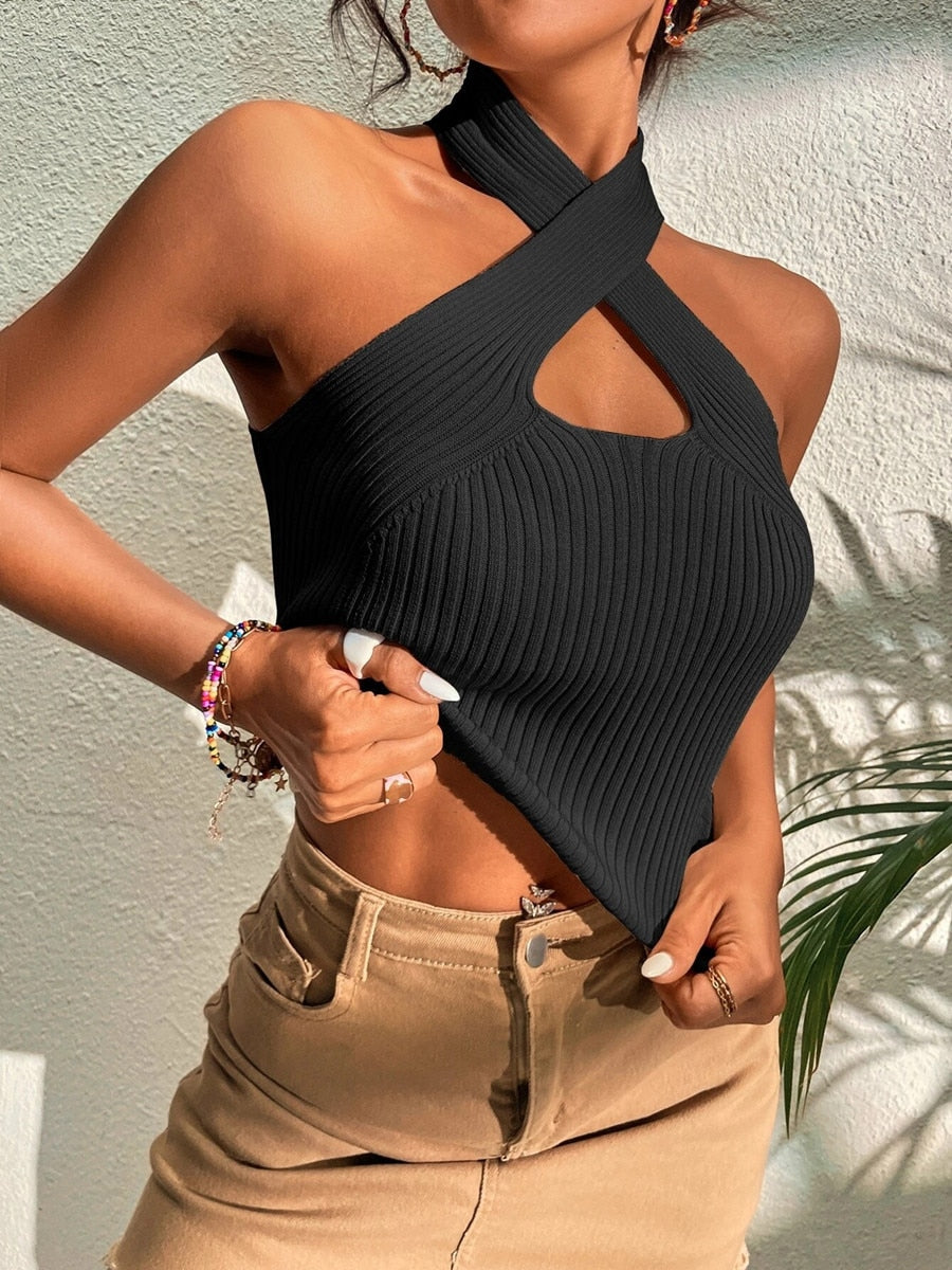 Summer New Women Heart Criss Cross Ribbed Knit Sleeveless Halter Crossfit Y2K Crop Top Clothes Femme Sexy Casual Backless Tank