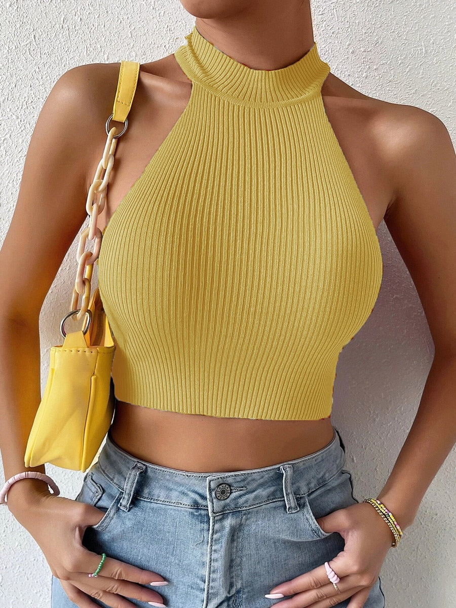 On Sale Women Basics Solid Casual Ribbed Knit Sleeveless Corset Halter Crossfit Crop Top Y2k Clothes Femme Stretch Cropped Tank